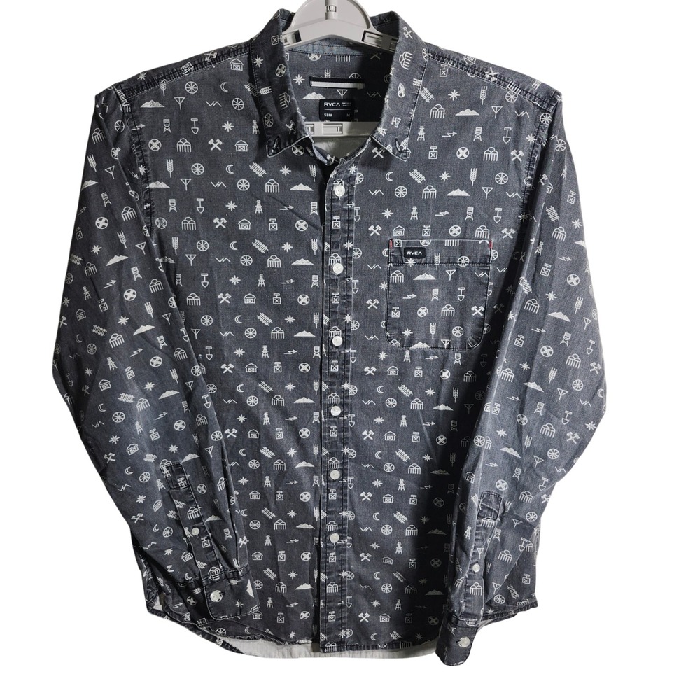 RVCA Slim Fit Button Down Shirt Mens Medium Gray White‎ Pattern **FLAWS READ**